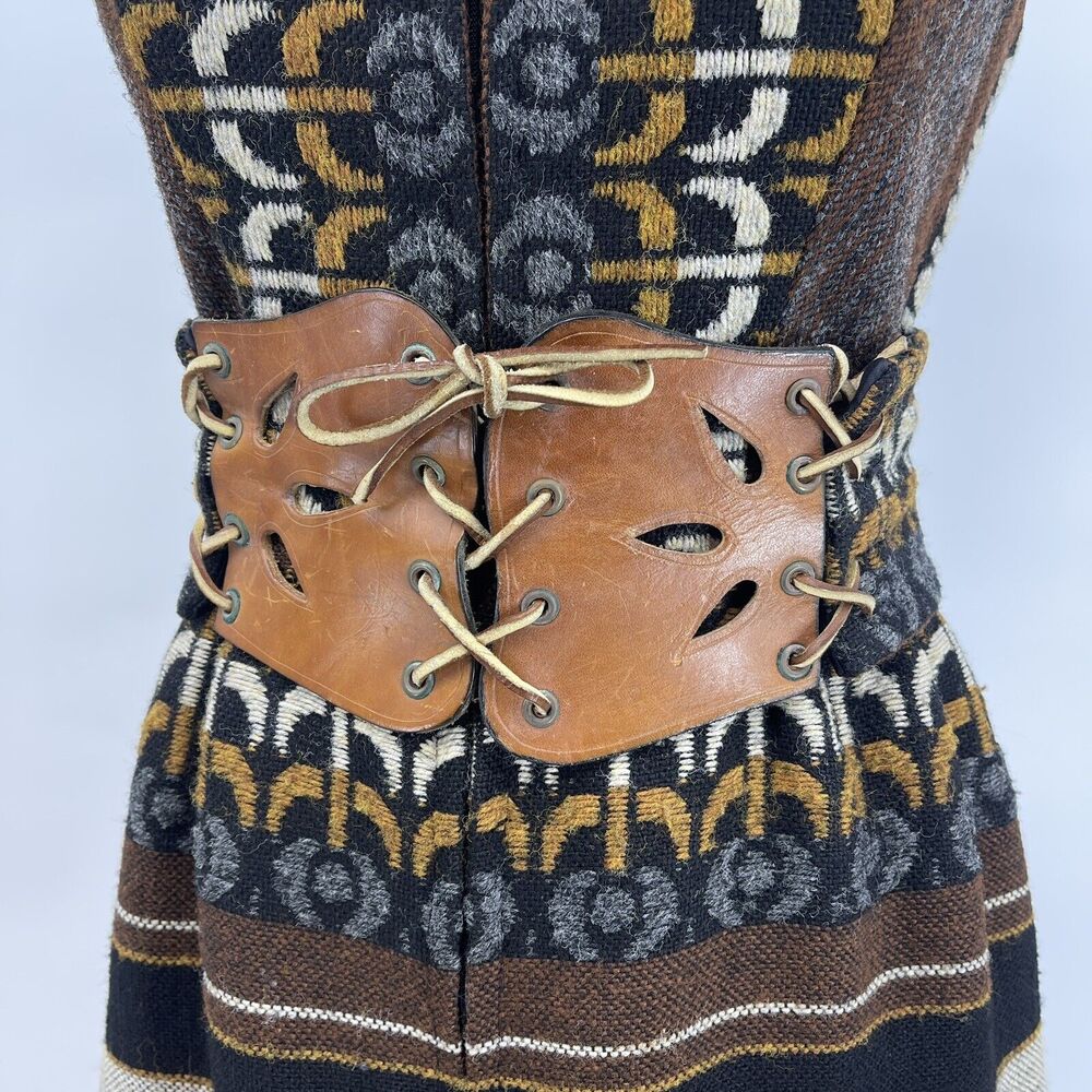 Vintage S Howard Hirsh California Woven Wool Tapestry Dress Leather Belt Sm Med - Picture 9 of 12